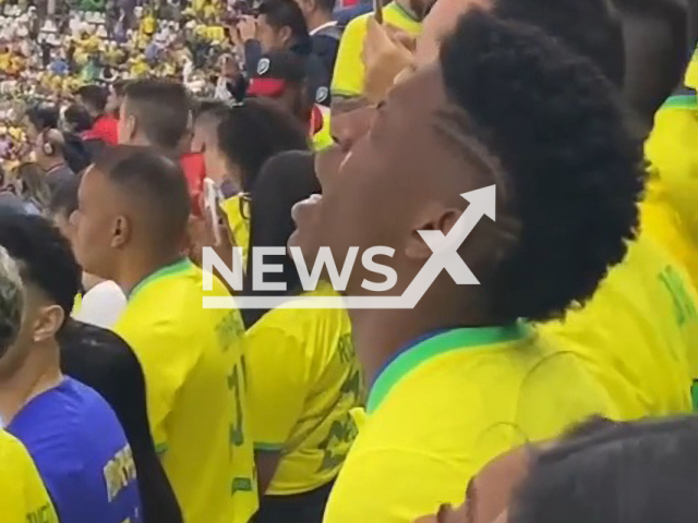 Picture shows a Brazilian fan that resembles Vinicius Jr., during the game between Brazil and Serbia, at the Stadium in Lusail, Qatar, on Thursday, Nov. 24, 2022. Brazil won the game. Note: Picture is a screenshot from a video (@rawad_mezher/Newsflash)