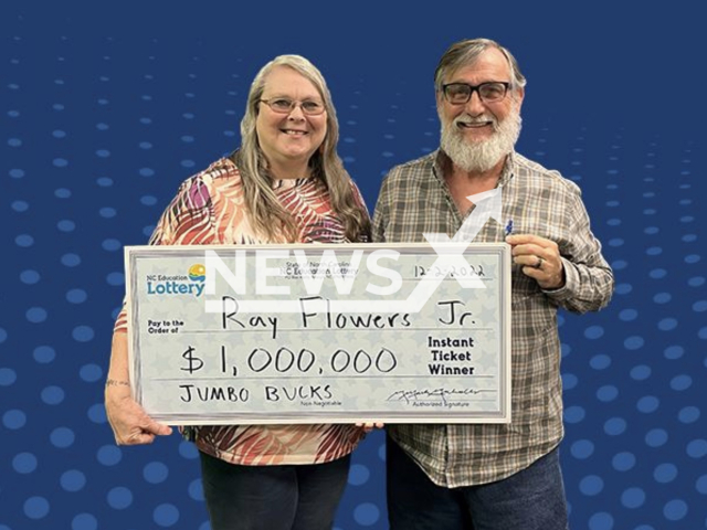 Ray Flowers Jr. poses with an unidentified woman in an undated photo. Ray Flowers Jr., a man from Pamlico County, North Carolina, U. S., won a USD 1 million prize after changing his mind, and buying a USD 10 Jumbo Bucks ticket instead of a scratch-off ticket. Note: Photo is from North Carolina Education Lottery (North Carolina Education Lottery/Newsflash)