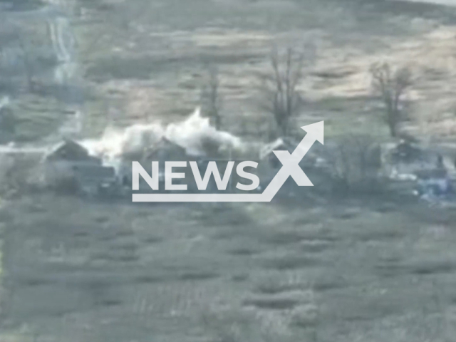 Picture shows an explosion in a residential area in Donetsk region, Ukraine. The footage was obtained from the State Border Service of Ukraine on Tuesday, Dec. 6, 2022.Note: Picture is screenshot from a video (@dpsu.gov.ua/Newsflash).