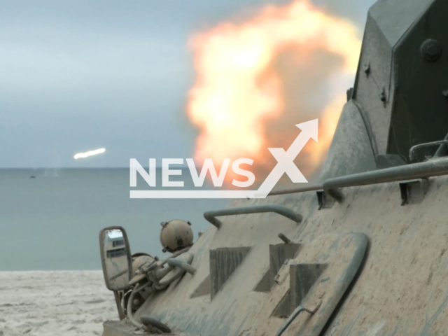 Russian soldiers fire from armored personnel carrier BTR-82A during the exercise in the Kaliningrad region in Russia in undated footage.
The footage was released by the Russian MoD on Wednesday, Dec. 7, 2022. Note: This picture is a screenshot from the video. (Ministry of Defense of Russia/Newsflash)