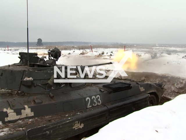 Russian soldiers fire from armoured fighting vehicle at the grounds of the Armed Forces of the Republic of Belarus in undated footage.
The footage was released by the Russian MoD on Thursday, Dec. 8, 2022.
Note: This picture is a screenshot from the video. (Ministry of Defense of Russia/Newsflash)