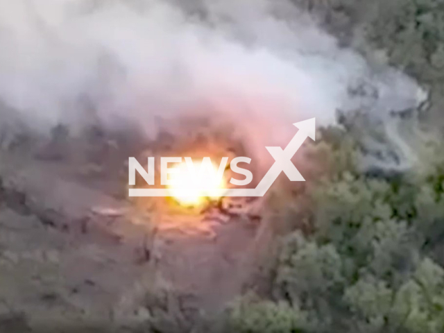 Picture shows an explosion near trees in Ukraine. The footage was obtained from the State Border Service of Ukraine on Thursday, Dec. 8, 2022. Note: Picture is screenshot from a video (@DPSUkraine/Newsflash).