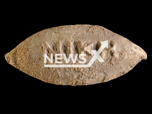 Photo shows the word "Victory" on the sling bullet, undated photo. The 2,200-year-old sling bullet was uncovered in excavations conducted by the Israel Antiquities Authority in Yavne, Israel. Note: Licensed photo (Dafna Gazit, Israel Antiquities Authority/Newsflash)