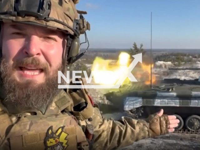 Picture shows Yurii Kochevenko, Ukrainian officer of the 95th brigade, in front of shooting captured rare Russian the Basurmanin BMP-1AM during combat testing in the field in Ukraine. The footage was obtained from the 95th separate amphibious assault brigade of the Armed Forces of Ukraine on Friday, Dec. 9, 2022.Note: Picture is screenshot from a video (@95BRIGADE/Newsflash).