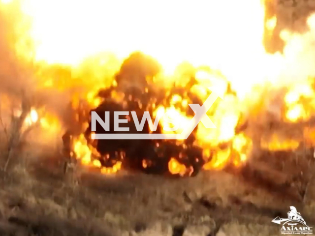 Picture shows an explosion of Russian tanks in a field area in Ukraine. The footage was obtained from the 92nd Ivan Sirko Separate Mechanized Brigade on Friday, Dec. 9, 2022.Note: Picture is screenshot from a video (@92OMBr/Newsflash).