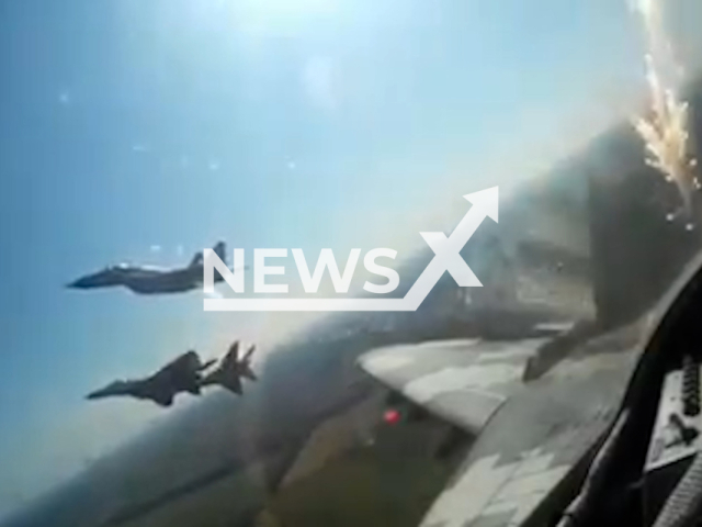 The Ukrainian Air Force shows its aircraft performing combat missions against the Russian invaders in Ukraine in undated footage.
The images show a number of Ukrainian fighter jets patrolling the country's skies, striking Russian positions and performing evasive manoeuvres.
Note: This picture is a screenshot from the video. (@Vbtaps/Newsflash)