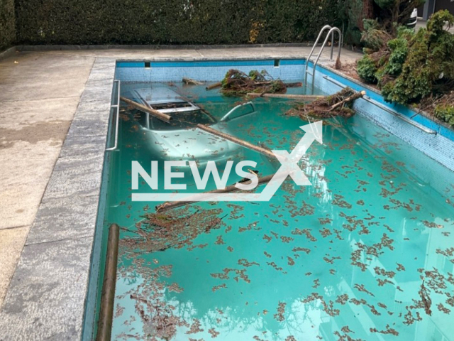 Image shows a vehicle inside the swimming pool, undated photo. An 88-year-old woman from the neighbourhood of Clarens, in the municipality of Montreux, canton of Vaud, Switzerland, died on Wednesday, Dec. 7, 2022. Note: Licensed content. (Police Cantonale Vaudoise/Newsflash)