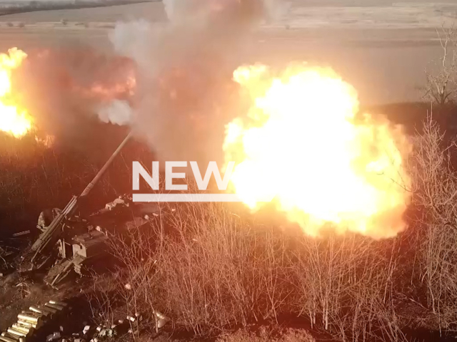 Russian self-propelled guns "Hyacinth" fire on the Ukrainian military positions in Ukraine in undated footage. The footage was released by Russian MoD on Monday, Dec. 12, 2022. Note: Picture is a screenshot from a video (Ministry of Defense of Russia/Newsflash)