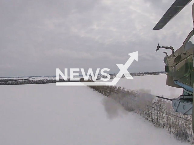 Destruction of military equipment and fortified objects of the Armed Forces of Ukraine by helicopters of army aviation of the Russian Aerospace Forces. Note: Picture is a screenshot from a video (Ministry of Defense of Russia/Newsflash)