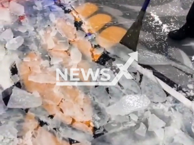 Picture shows broken ice on a hockey field in Knoxville, Tennesee, in undated footage. Tyler Hoskin, an operations manager at the Knoxville coliseum, recorded a viral Tik-Tok compilation of his work. Note: Picture is a screenshot from a video (@thoskins77/Newsflash)