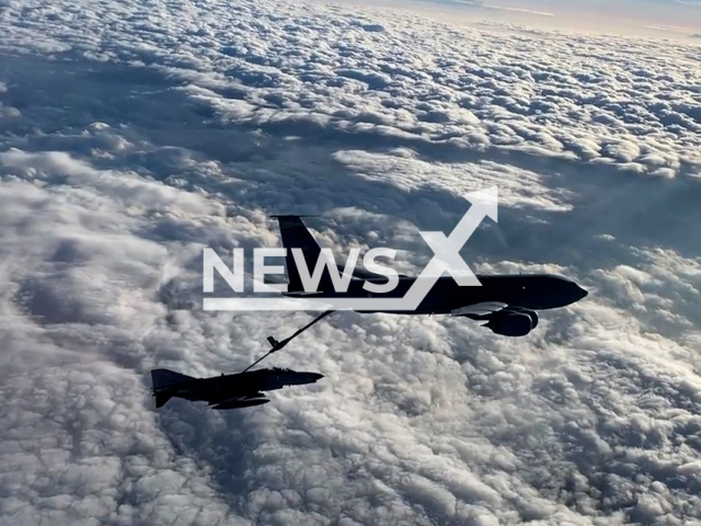 Turkish combat and supply aircraft simultaneously fly among the blue Mediterranean skies as part of training in the international airspace of the south of Cyprus Island and the Mediterranean on Wednesday, Dec.14, 2022.  Authorities from Turkey's Ministry of National Defense announced that their combat and support aircraft took off from various bases. Note: Picture is screenshot from a video (@tcsavunma/Newsflash).