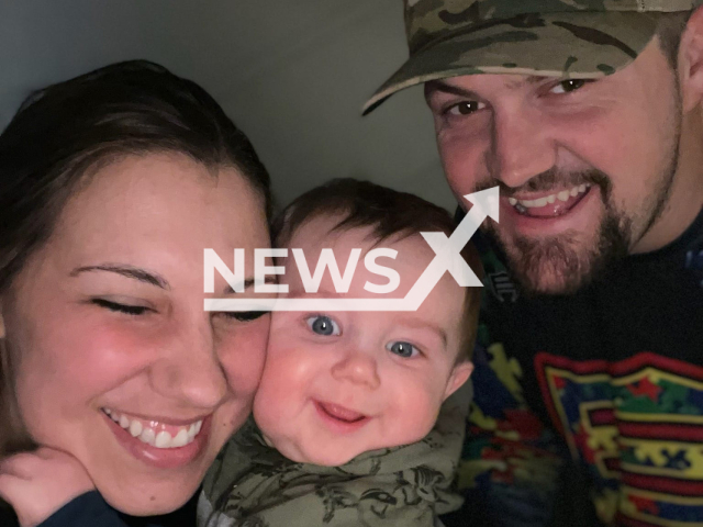 Cole, pictured with his parents Rob Shirley and Rachel Shirley , an 8-month-old boy, died when Deborah Lundstrom left  nine children under the age of 3 unsupervised, at an unlicensed daycare in her home, in Springfield, USA.
Note: Private photo.  (@michelle.dickenspetry/Newsflash)