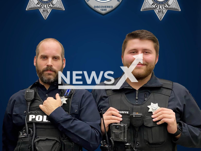 Sergeant Steven Robin, (left) and Officer Branden Estorffe, (right) poses in undated photo. They were shot and killed by Amy Anderson, 43, in a motel parking lot after a 30 minute conversation, before she killed herself, in Bay St. Louis, Mississippi, USA, on Wednesday, Dec. 14, 2022.  Note: Police photo. (@pascagoulapd/Newsflash)