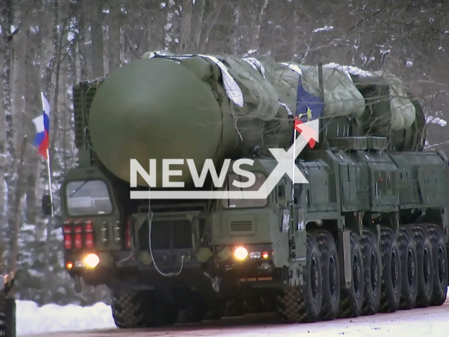 Picture shows a Russian mobile "Yarsov" being escorted to a combat duty in Bologoy in the Tver region in Russian in undated footage.
 The footage was released by the Russian MoD on Friday, Dec. 16, 2022.
Note: This picture is a screenshot from the video.
(Ministry of Defense of Russia/Newsflash)