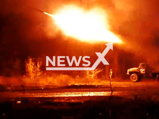 DPR BM-21 Grad multiple rocket launcher shoots at night in the direction of Svatove, Luhansk Oblast, Ukraine. The footage was obtained from the People's Militia of the DPR on Sunday, Dec. 18, 2022.Note: Picture is screenshot from a video (@nm_dnr/Newsflash).