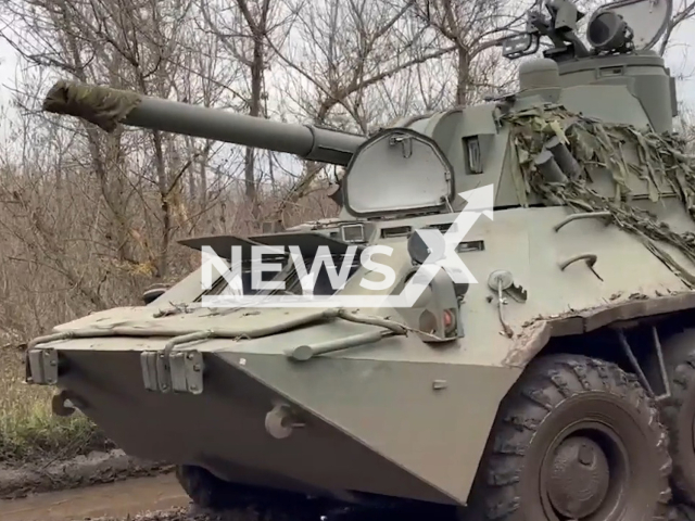 Picture shows captured trophy 2С23 Nona-SVK self-propelled gun near Bakhmut, Donetsk region, Ukraine. The footage was obtained from the 93rd Separate Mechanized Brigade Kholodnyi Yar on Monday, Dec. 19, 2022. Note: Picture is a screenshot from a video (@93OMBr/Newsflash)