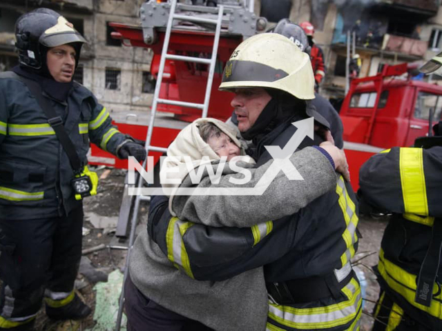 Firefighters battled with the fires and helped people from the destroyed buildings by the shelling of the Russian Army in Obolon in Kyiv in Ukraine.
Note: Emergency Service photo. (@MNS.GOV.UA/Newsflash)