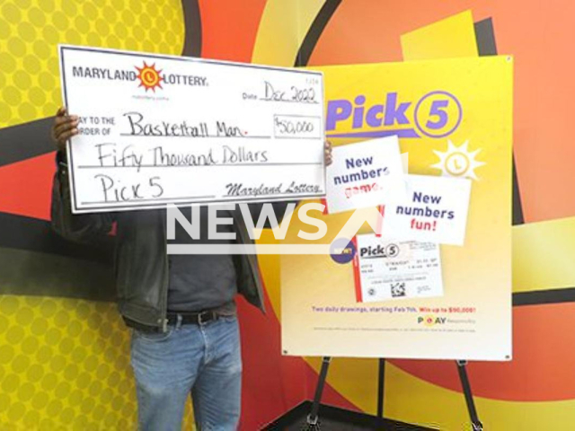 Lottery winner named 'Basketball Man' poses in undated photo. He won USD 50,000 (GBP 41,000) playing Pick 5 in Charles County, Maryland, USA, November 2022. Note: Licensed content. (Maryland Lottery/Newsflash)