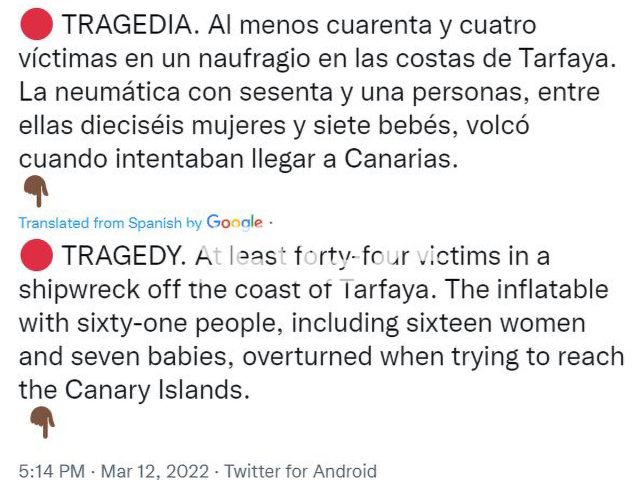 Helena Maleno, spokeswoman for the Caminando Fronteras, reported that a total of 70 people, including  7 babies, were on board at the time of the shipwreck, on 11th March, in the Atlantic Ocean near the coastal city of Tarfaya, Morocco.
Note: Photo is a screenshot from post. (Newsflash)