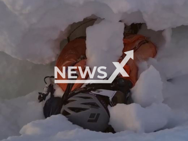 Picture shows a frozen climber found in a crevasse just before the summit on top of Mt. Everest, on Saturday, May 14, 2022. According to Nathaniel Douglas, it is nearly impossible, extremely dangerous, and expensive to remove a dead body in the death zone, above 8000m. Note: Picture is screenshot from a video. (Nathaniel Douglas; @8douggy/Newsflash)