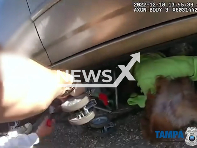 Officers and volunteers rescue an elderly woman and her grandchild in a pram after a car reversed over them in Tampa, Florida, USA on Sunday, Dec.18, 2022. Both the child and great-grandmother are expected to survive. Note: Picture is a screenshot from the video. (Tampa Police Department/Newsflash)