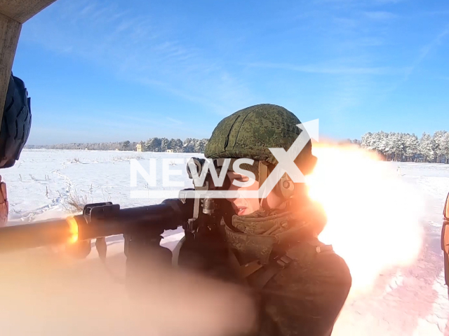 Solider fires from a grenade launcher during the combat exercise at the Brest region training grounds in Belarus in undated footage.
The footage was released by the Russian MoD on Friday, Dec. 23, 2022.
Note: This picture is a screenshot from the video.
(Ministry of Defense of Russia/Newsflash)