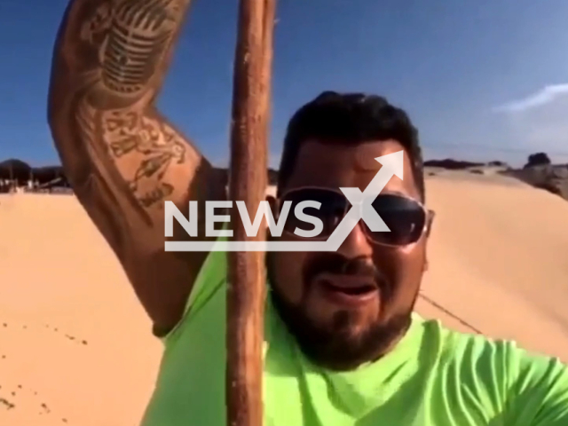 Sergio Murilo Lima de Santana, 39, rides on the zip line before it collapsed and killed him in Canoa Quebrad, Brazil, on Oct. 10, 2022. One of the beams supporting it  fell causing the man to hit the ground, he arrived at the hospital dead. Note: Picture is a screenshot from a video (Newsflash)