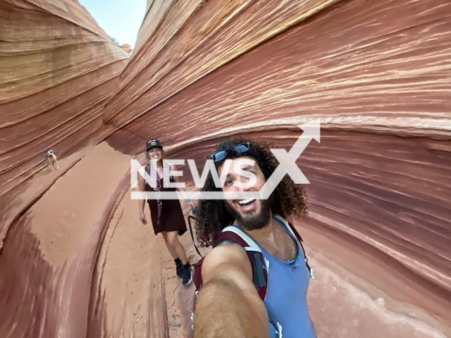 Adar Leibovitch poses for a selfie with his marketer, Lindsay Cernickey, at The Wave, in Arizona, US, undated. Adar has recently uploaded a viral video of triops, some of the oldest creatures on Earth, swimming at The Wave. Note: We obtained permission for this photo. (@adarleibovitch/Newsflash)