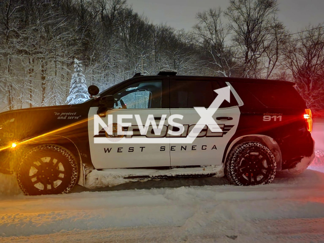 The picture shows a police car on the snow in West Seneca New York State, USA, undated. Note: Police photo. (West Seneca Police Department/Newsflash)