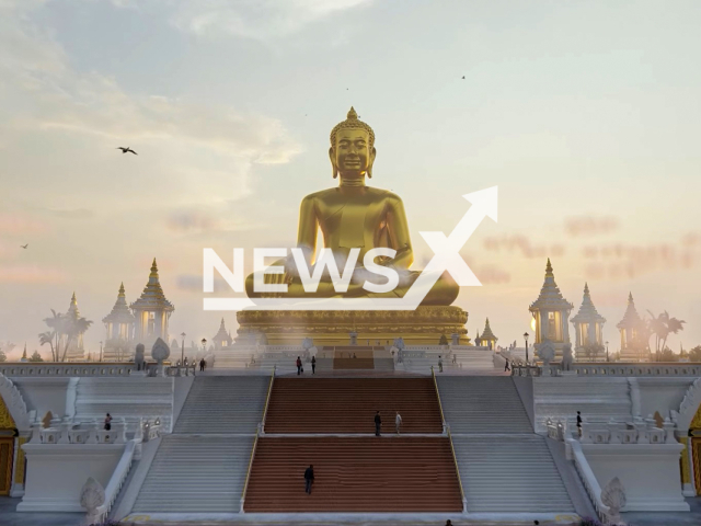 Picture shows a rendition of the planed Buddha statue in Cambodia, undated. It  was President of Sokha Hotel, Sok Kong, and is going to be  100 metres tall, 3 times higher than the world’s current biggest statue  of the on Bokor Mountain in Kampot, Cambodia.
Note: Photo is a screenshot from a video. (Newsflash)