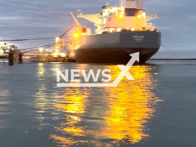 Coast Guard Sector Corpus Christi pollution responders monitor the response to an oil spill in the La Quinta Channel in Corpus Christi Bay, Texas, USA on Sunday, Dec. 25, 2022. This picture is a screen shot from the video. (DVIDS/Newsflash)