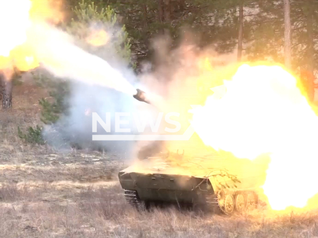 Crews of 152-mm Gvozdika self-propelled howitzers fire at the Ukrainian military positions in Ukraine in undated footage.
The footage was released by the Russian MoD on Tuesday, Dec. 27, 2022. Note: This picture is a screenshot from the video. (Ministry of Defense of Russia/Newsflash)