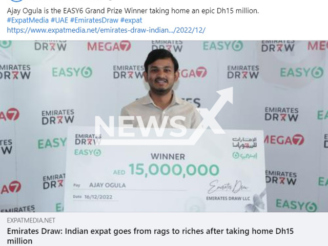 Ajay Ogula, aged 31, poses in undated photo. He won AED 15 million (GBP 3,4 million) in UAE's weekly lottery Emirates Draw in December 2022. Note: Photo is a screenshot from a post. (Newsflash)