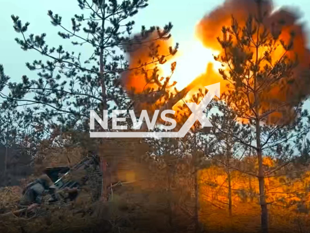 DPR and Russian artillerymen strike at Ukrainian positions with help of Giatsint-B gun near Svatove, Luhansk region, Ukraine. The footage was obtained from the People's Militia of the DPR on Thursday, Dec. 29, 2022. Note: Picture is a screenshot from a video (@nm_dnr/Newsflash)