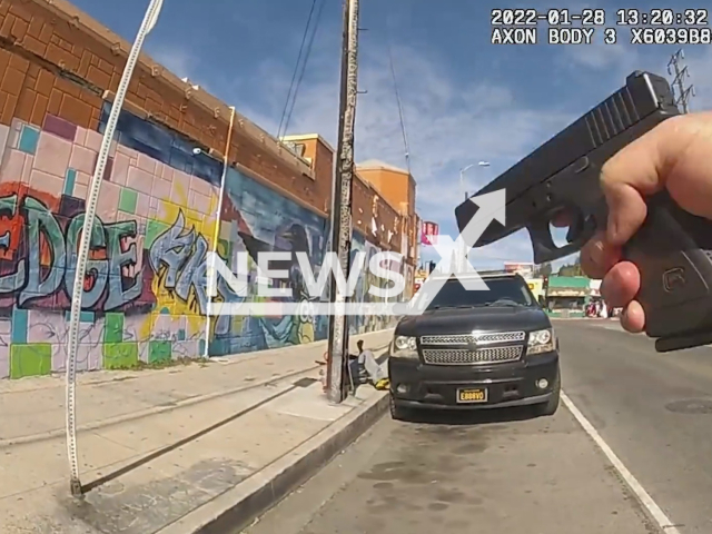 Police officer shooting the suspect Adrian Aldacoin in Hollenbeck area, Los Angeles, USA. Note: Picture is a screenshot from a video (Los Angeles Police Department/Newsflash)