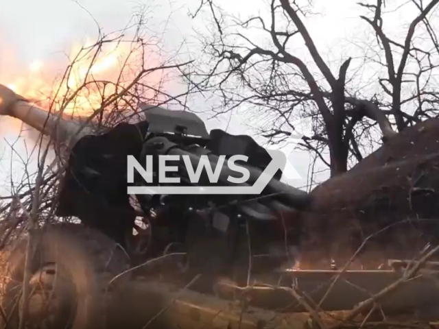 DPR D-20 gun-howitzer shoots at  Ukrainian fortified positions in Ukraine. The footage was obtained from the People's Militia of the DPR on Sunday, Jan. 1, 2023. Note: Picture is a screenshot from a video (@nm_dnr/Newsflash)