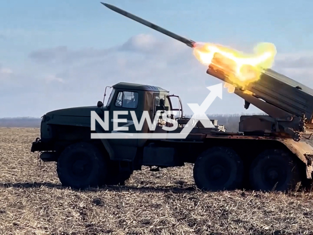 Russian Grad MLRS fire at the positions of the Ukrainian Armed Forces in Ukraine in undated footage.
The footage was released by the Russian MoD on Tuesday, Jan. 3, 2023. Note: This picture is a screenshot from the video. (Ministry of Defense of Russia/Newsflash)