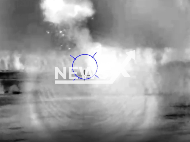 Picture shows an explosion of Ukrainian tank in Soledar, Donetsk region, Ukraine in undated footage. The footage was obtained from the People's Militia of the LPR on Tuesday, Jan. 3, 2023. Note: Picture is a screenshot from a video (@millnr/Newsflash)