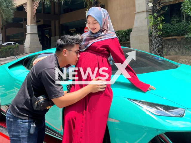 The pregnant woman Anes Ayuni Osman gave her husband a Lamborghini car as a gift for sleepless nights ahead in Kuala Lumpur, Malaysia.Note: Private photo. (@ayunieso_/Newsflash)