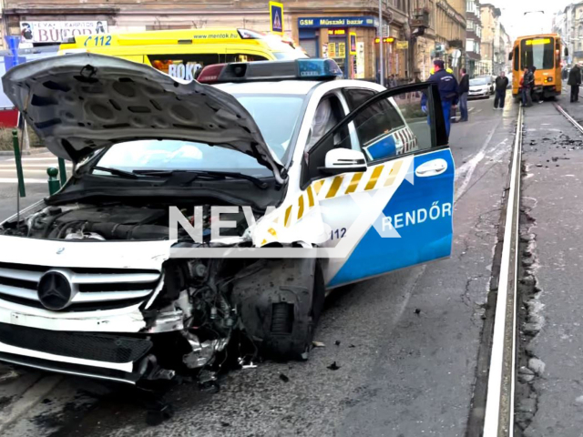 Picture shows the police car that collided with an SUV in Budapest, Hungary, on Monday, Jan, 2, 2023. The SUV was driven by French adult film director Pierre Woodman two porn actresses Liz Ocean and Lola Heart, were in the car. Note: Private photo.  (@TheAtrax/Newsflash)