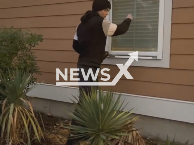 Eric Ulmer knocks at his friend's window in San Marcos, Texas, on Tuesday, Nov. 22, 2022. Eric ended up breaking the window after throwing an eggplant at it.  Note: Picture is a screenshot from a video (@averyguggenheim/Newsflash)