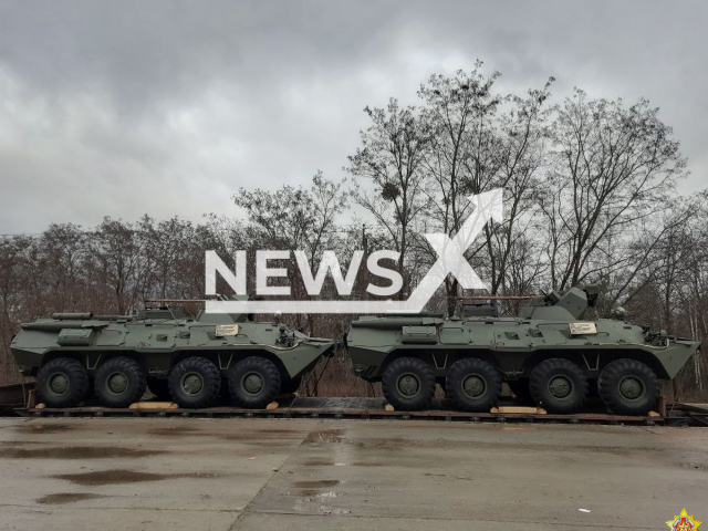 Picture shows arrived Russian armored personnel carriers in Belarus on Thursday, Jan. 5, 2023. It was new BTR-82A, BTR-80K, armored medical and rescue vehicles. Note: Picture is obtained from the Ministry of Defense of the Republic of Belarus (@modmilby/Newsflash)