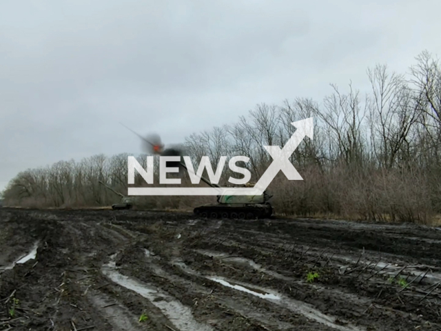 Russian "Msta-S" self-propelled artillery installations fire at the Ukrainian military positions in Ukraine in undated footage. The footage released by the Russian MoD on Monday, Jan. 9, 2023. Note: This picture is a screenshot from the video. (Ministry of Defense of Russia/Newsflash)