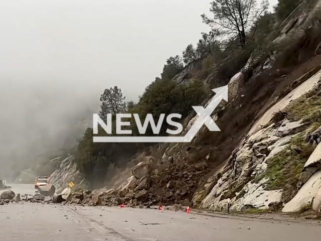 Rockslide blocks Highway 168 at the four-lane in Fresno County, California, in undated footage. The road was shut down for the second time in two weeks. Note: Picture is screenshot from a video. (@ChpFresno/Newsflash)