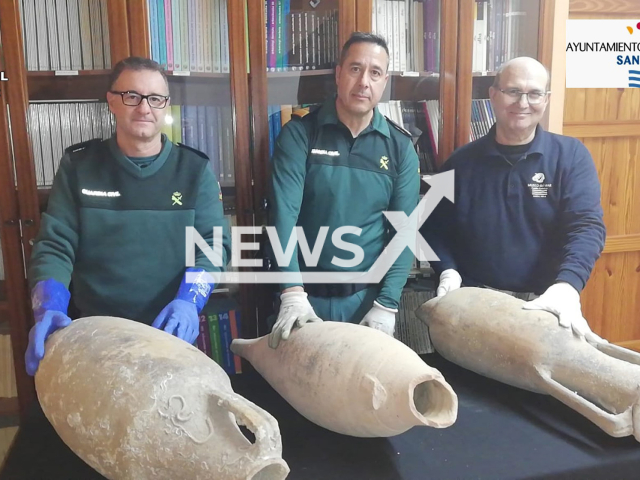 Photo shows three large ceramic Roman amphoras, dating from the 1st century, undated. They were located in the basement of a house in Santa Pola, Valencia, Spain. Note: Photo is from the Civil Guard (Civil Guard/Newsflash)