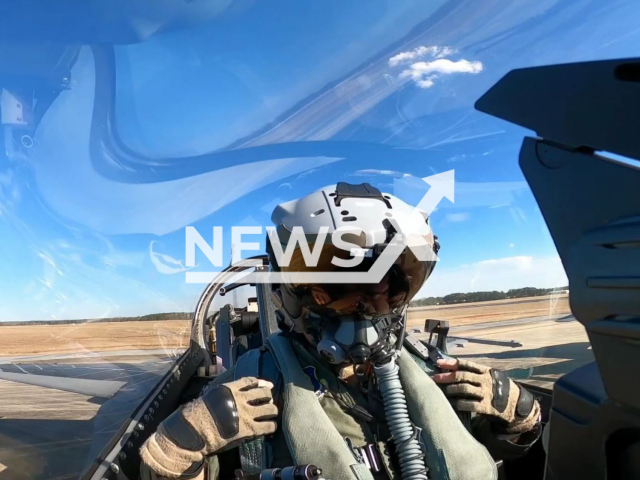 A U.S. Air Force pilot assigned to the 55th Fighter Squadron operates an F-16C Fighting Falcon at Shaw Air Force, S.C., Sunday, Jan. 5, 2023. Numerous fighter aircraft assigned to Shaw participated in a mission generation exercise demonstrating the wing’s ability to generate overwhelming airpower anytime, anywhere. Note: Picture is screenshot from a video. (Airman 1st Class Steven Cardo/Newsflash)