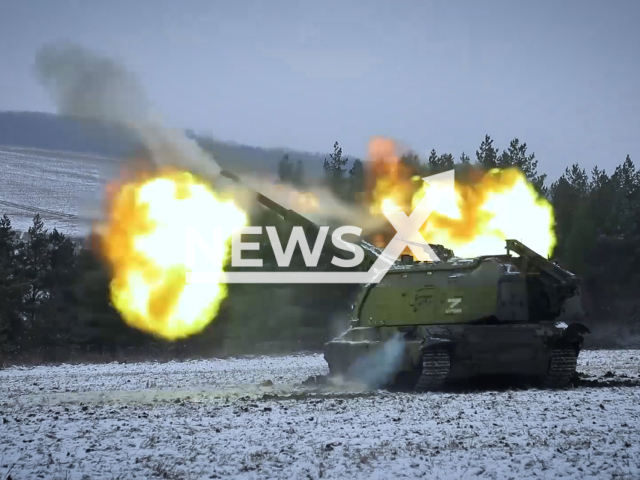 Russian Msta-SM2 artillery fire at the positions of the Ukrainian military positions in Ukraine in undated footage.
The footage released by the Russian MoD on Friday, Jan. 13, 2023. Note: This picture is a screenshot from the video. (@mod_russia/Newsflash)