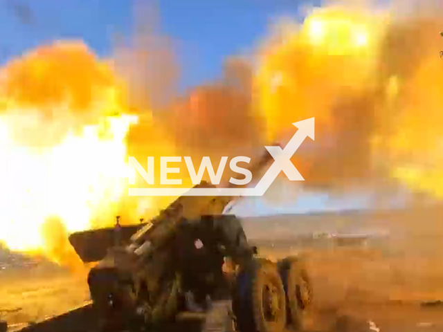 LPR and Russian artillerymen shoot 2A36 Giatsint-B gun to support the offensive in Marinka, Donetsk region, Ukraine in undated footage. The footage was released by the People's Militia of the LPR on Wednesday, Jan. 11, 2023.   Note: Picture is a screenshot from a video. (@millnr/Newsflash)