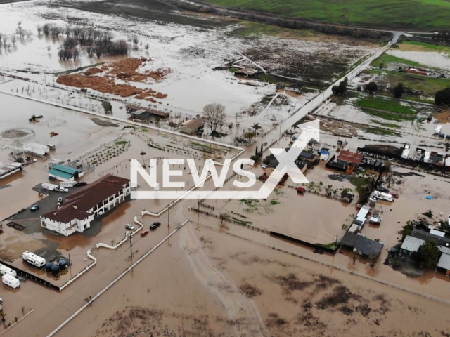 Picture shows extensive flooding in the city of Hollister, California, USA, on Monday, Jan. 9, 2023. The Hollister Police Department announced on Thursday, Jan. 12, that additional rain and flooding are still very likely. Note: Picture is a screenshot from a video. (Hollister Police Department/Newsflash)