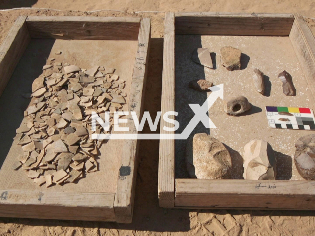 Photo shows the flint finds uncovered during the excavation in the right tray and the Ostrich eggshell fragments in the left tray, undated. Ostrich eggs believed to be 4000-year-old were uncovered in the Negev in Israel. Note: Licensed photo (Emil Aladjem, Israel Antiquities Authority/Newsflash)